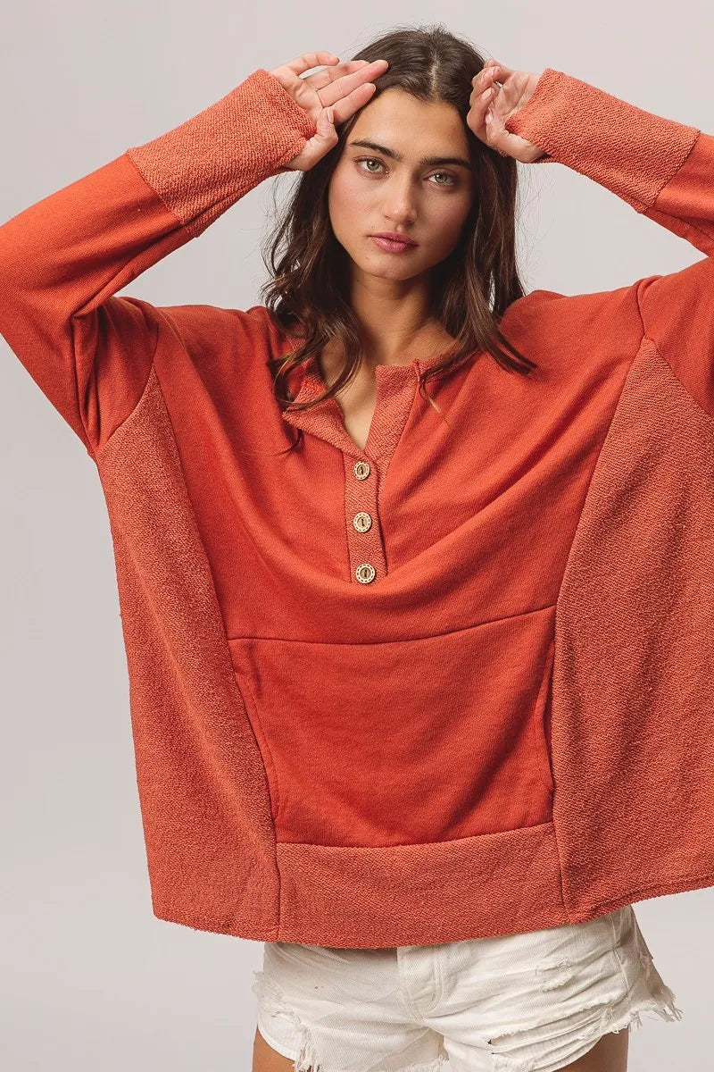 BiBi Rust French Terry Knit Side Block Buttoned Henley Top