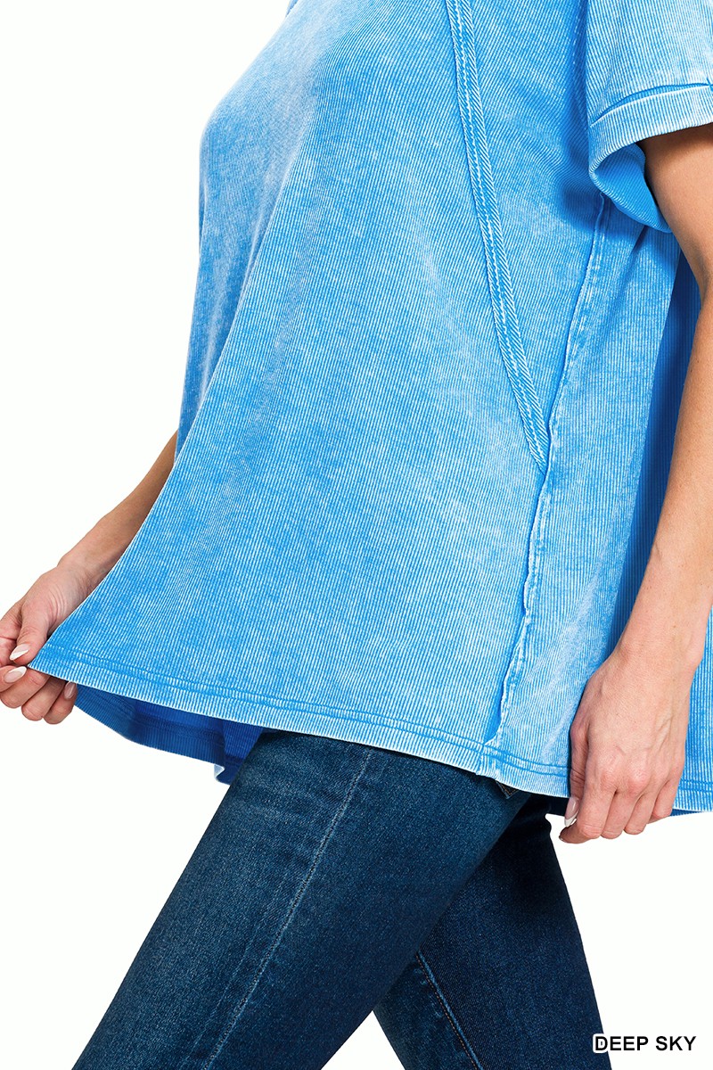 Zenana Deep Sky Washed Ribbed Cuffed Short Sleeve Round Neck Top