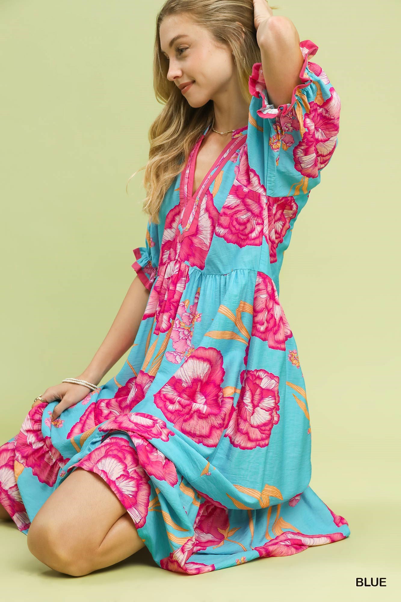 Umgee Blue Floral Print Midi Dress with Contrast Trim
