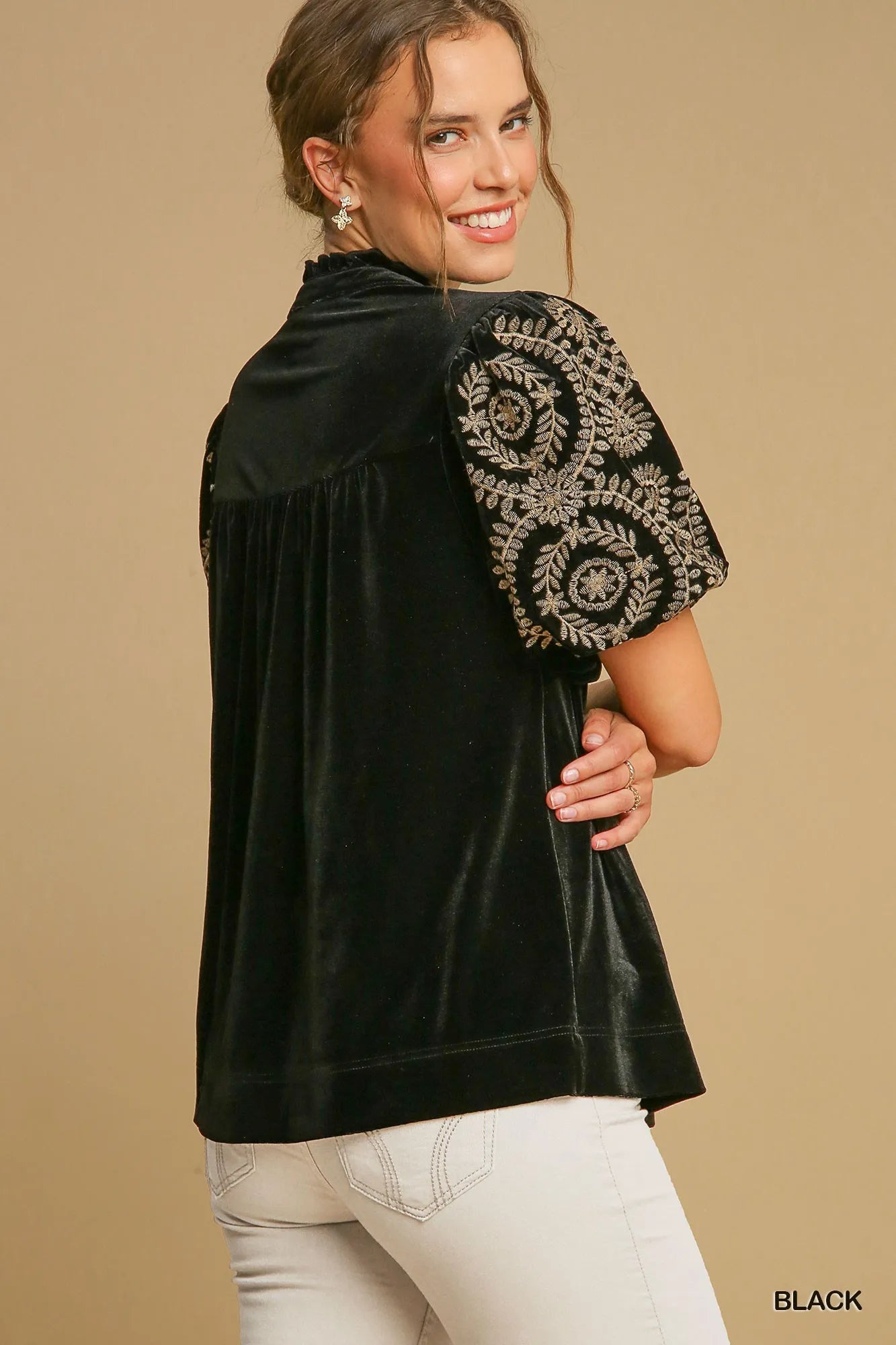 Umgee Black Velvet Embroidered Sleeve Blouse Plus Size