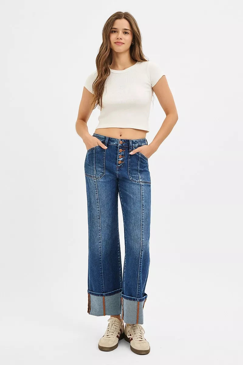 RISEN Dark Washed High Rise Crop Wide Straight Cuffed Jeans