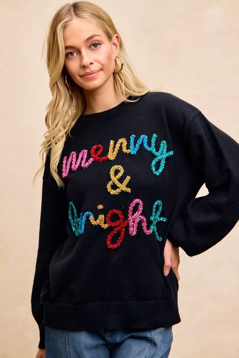 BiBi Black Tinsel Lettering Merry & Bright Christmas Sweater