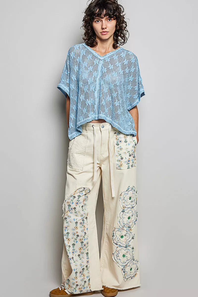 POL Cornflower Blue Crochet Lace Short Sleeve Top