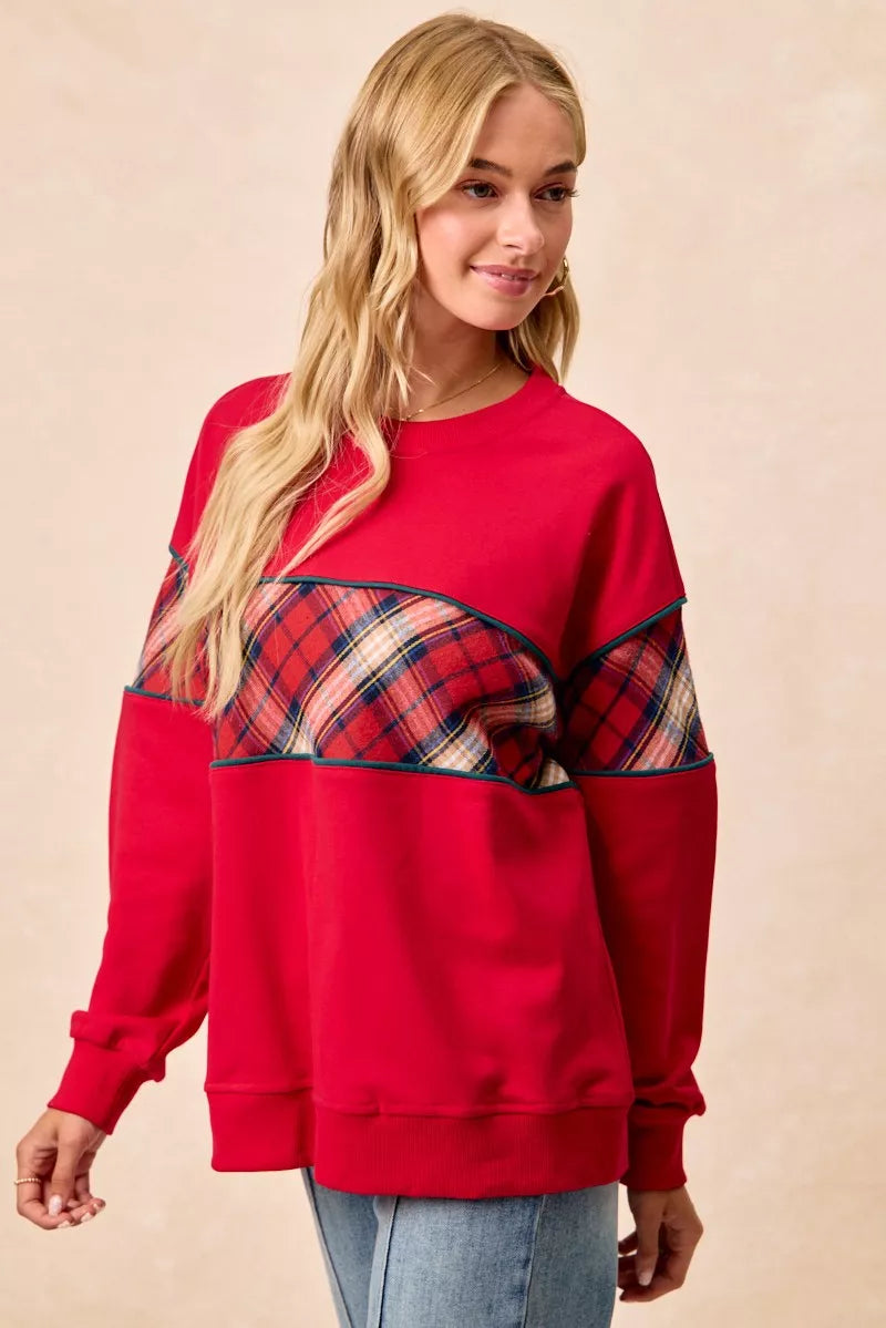 BiBi Red Christmas Theme Plaid Block Sweatshirt with Binding