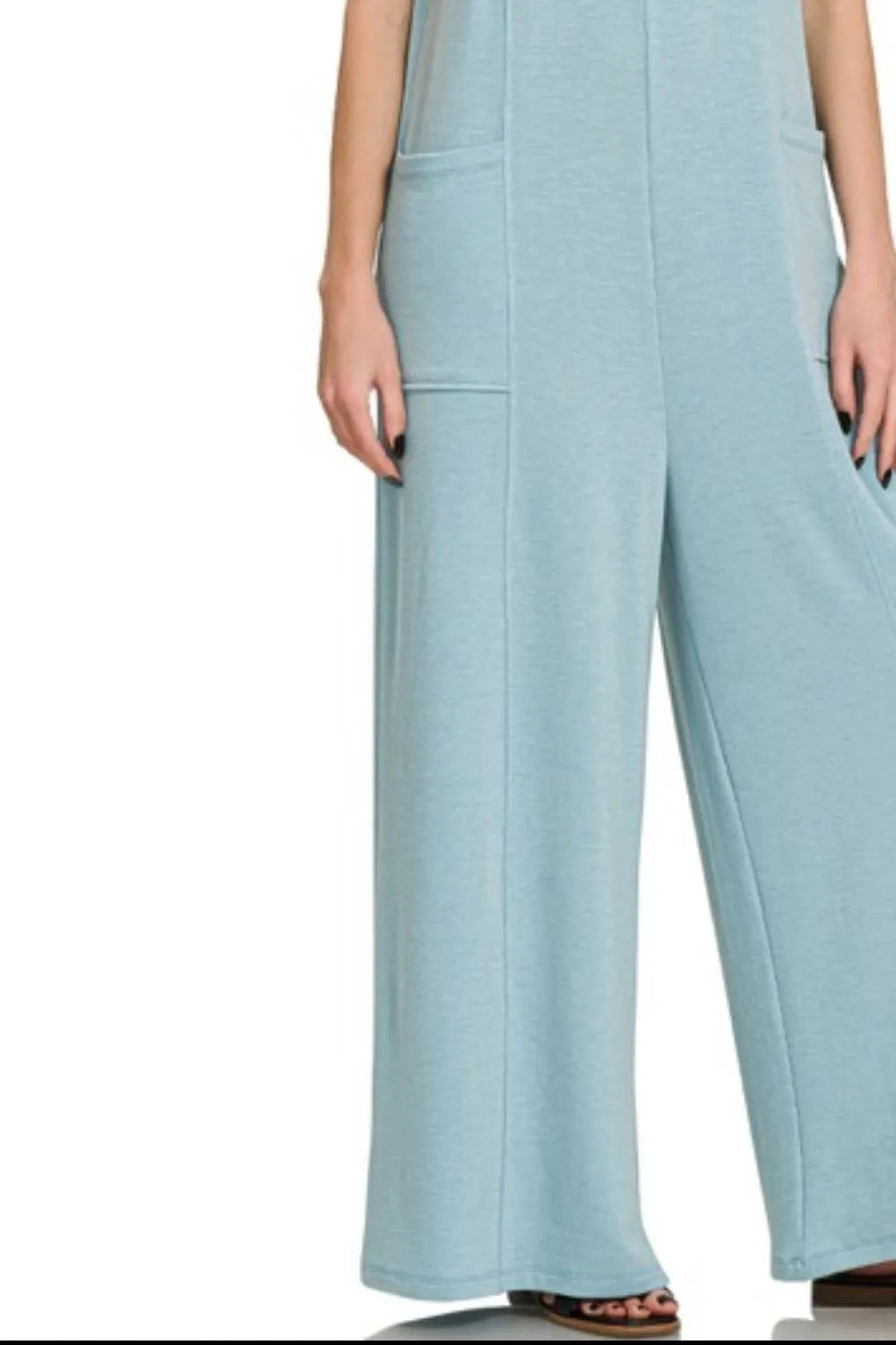 Zenana Dusty Teal French Terry Deep V Neck Jumpsuits