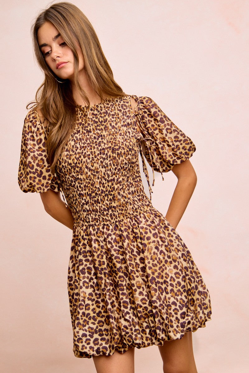 BiBi Leopard Bow Tie Attachable Puff Sleeves Dress LEOPARD