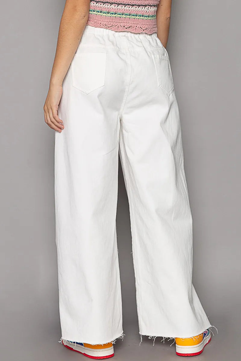 POL Off White Drawstring Distressed Wide Leg Denim Pants