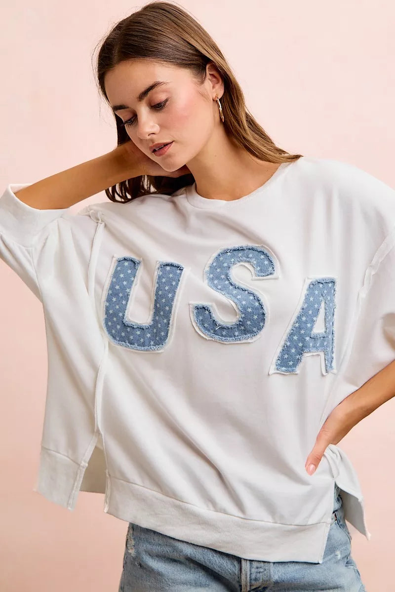BiBi 4th Of July Usa Letter Patchwork French Terry Top Ivory