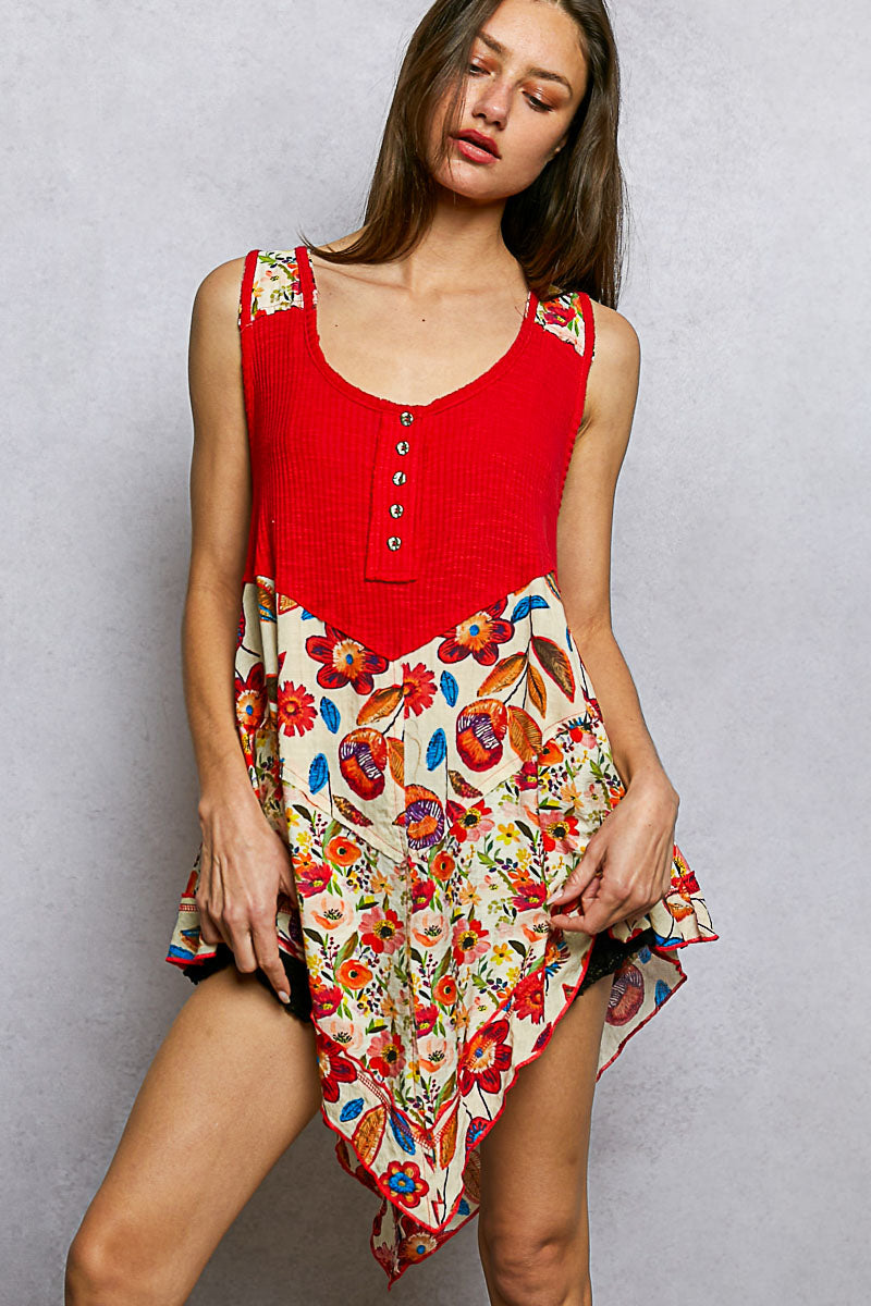 POL Ruby Round Neck Ribbed Tank with Woven Print Patch