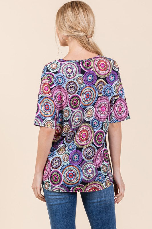 BOMBOM Mauve Multi Printed Round Neck Half Sleeve Top