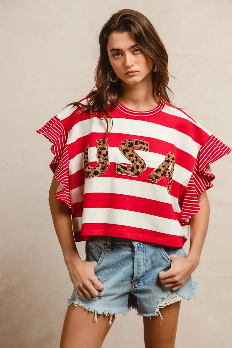 BiBi Red Stripe Mixed Ruffle Sleeve Top With Leopard Letters- USA