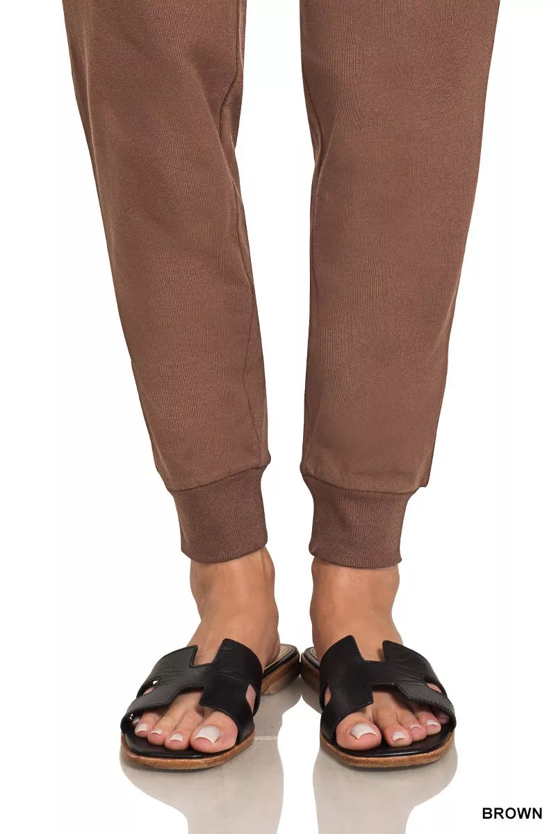 Zenana Brown Drawstring Cotton Joggers with Pockets
