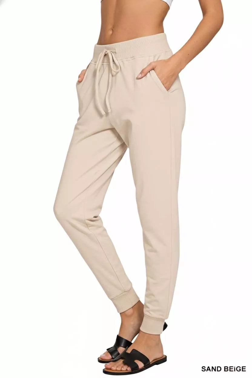 Zenana Sand Beige Drawstring Cotton Joggers with Pockets
