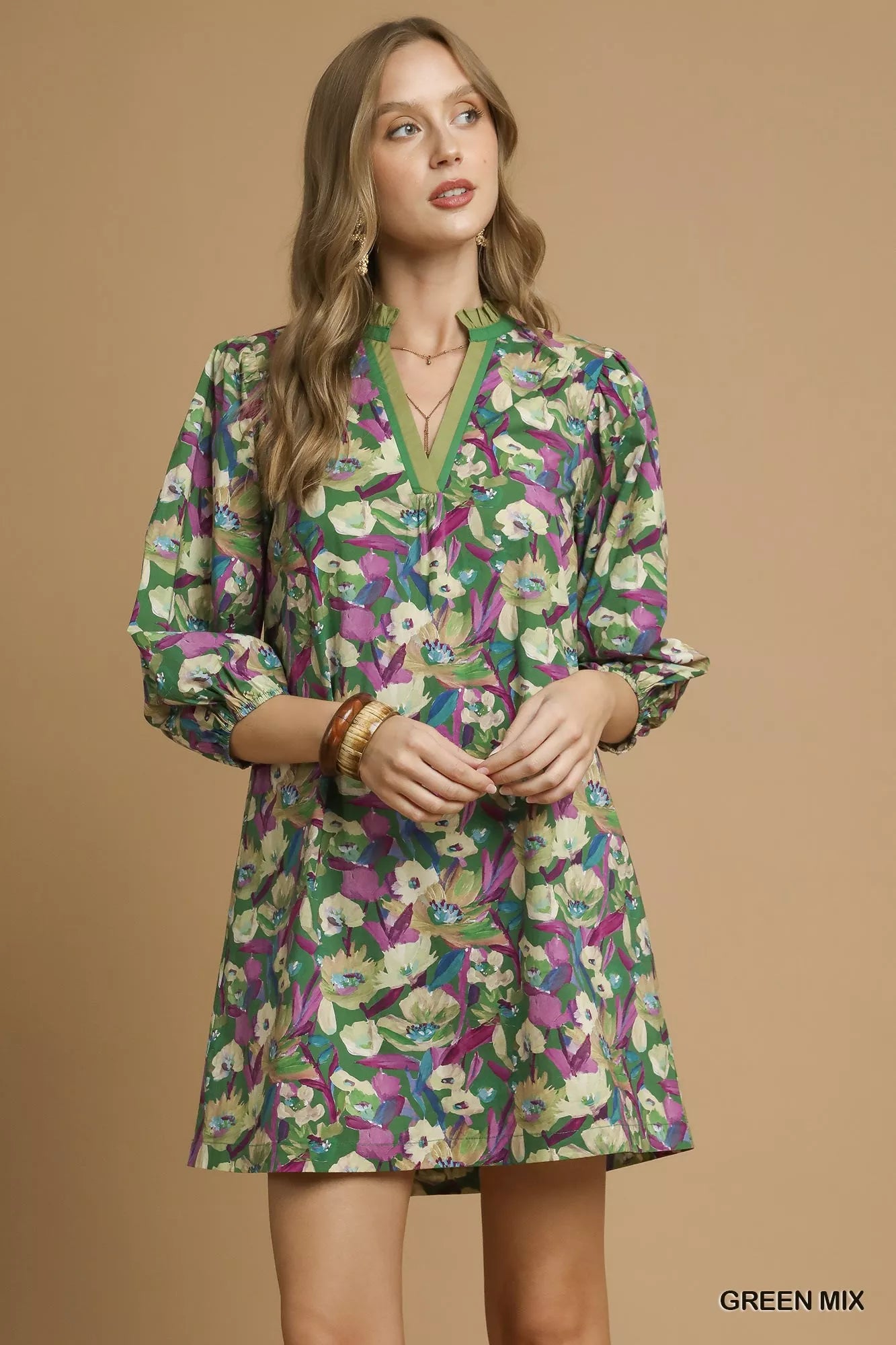 Umgee Green Mix Boho Floral Balloon Sleeve Mini Dress GREEN MIX