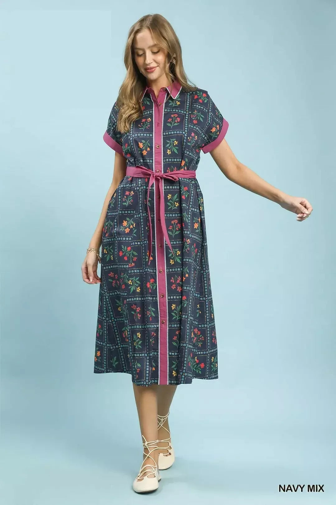 Umgee Navy Mix Floral Button-Front Midi Dress NAVY MIX