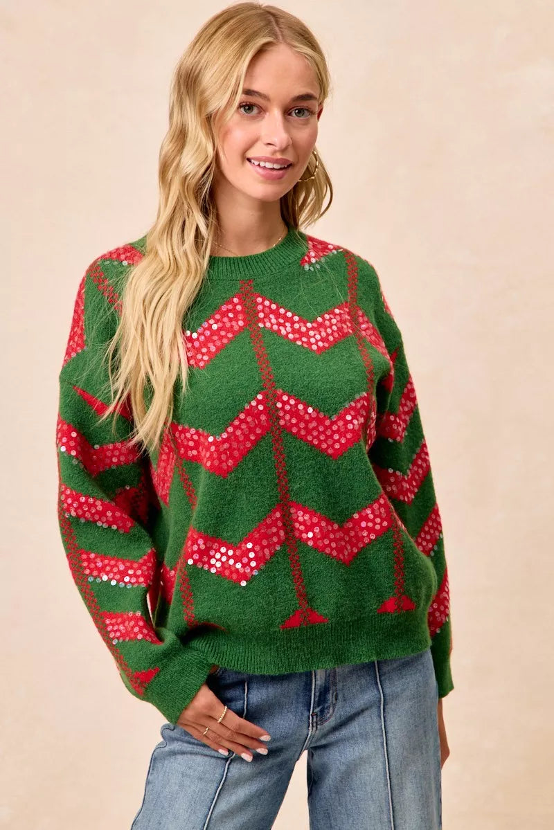BiBi Hunter Green & Ref Christmas Theme Chevron Sequins Detail Sweater