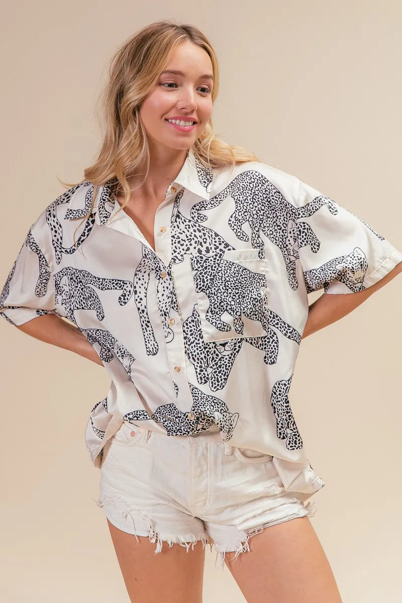 BiBi Oatmeal Leopard Print Short Sleeve Silky Satin Shirt Top