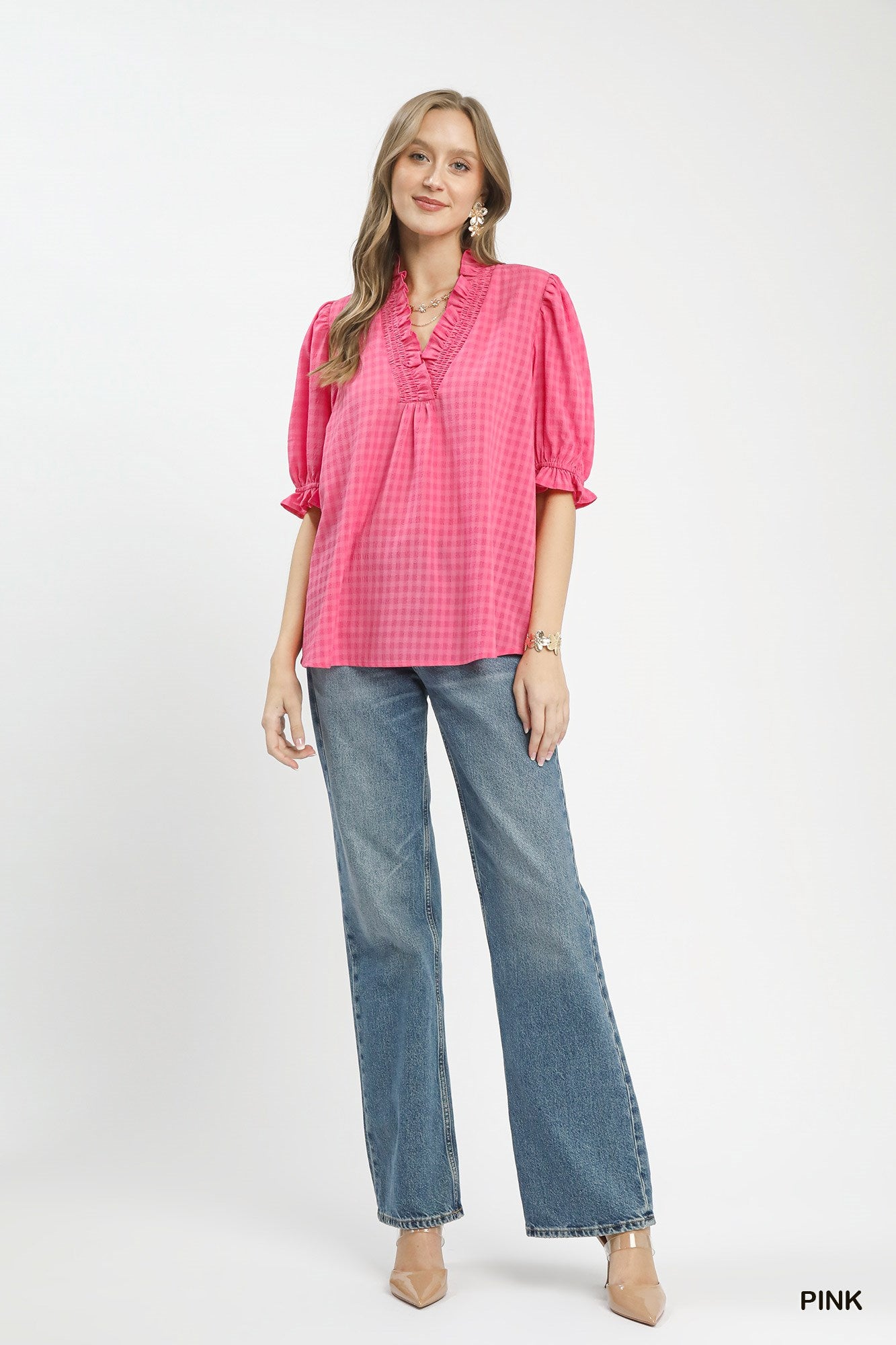Umgee Pink Textured Check Ruffle V-Neck Blouse