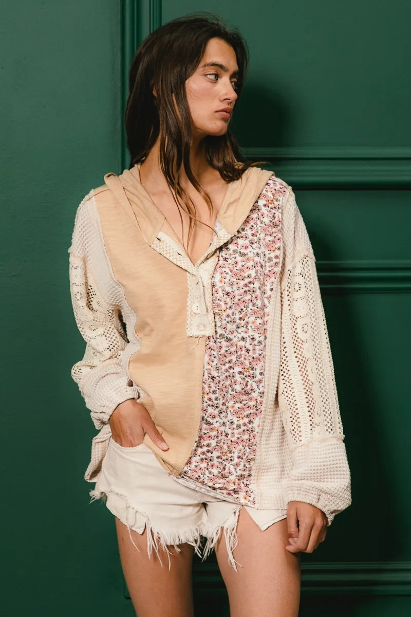 BiBi Taupe Slub Jersey with Lace Combo Buttoned Hoodie Top
