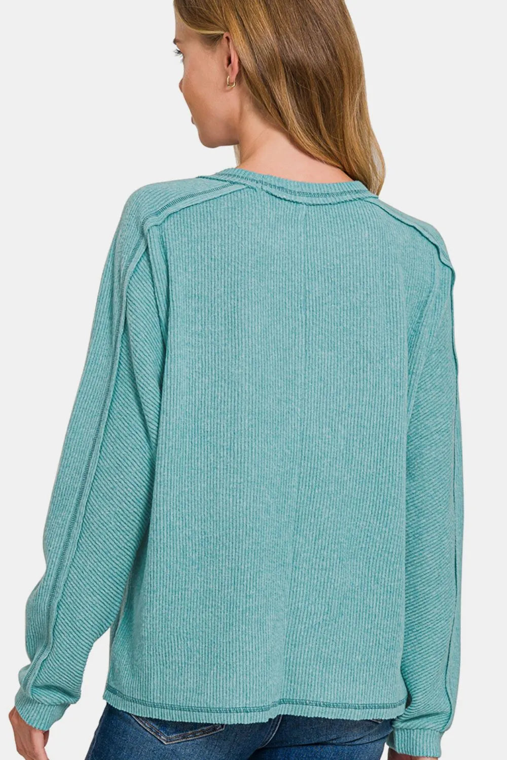 Zenana Teal Contrast Stitching Brushed Ribbed Hacci Knit Top