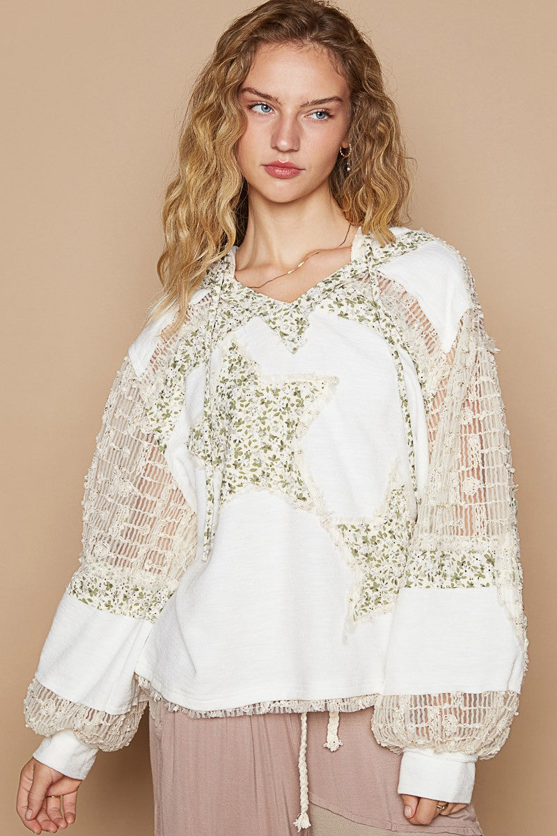 POL Ivory Star Patch Lace Contrast Long Sleeve Hooded Top Shirts & Tops