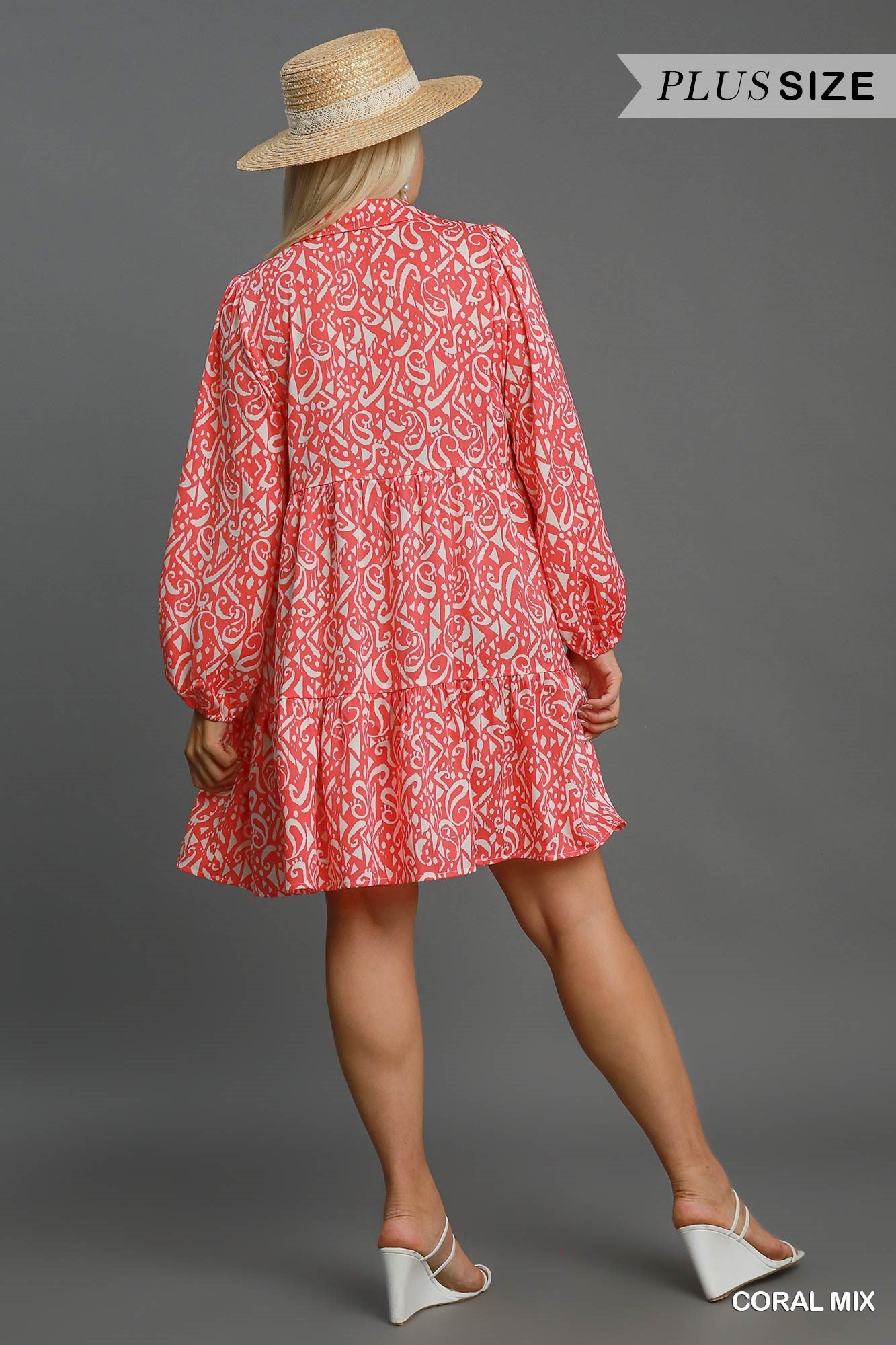 Umgee Coral Two Tone Print Balloon Sleeve Tiered Dress