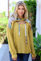 Haptics Butterscotch & Olive Multicolor Cutout Hoodie Shirts & Tops