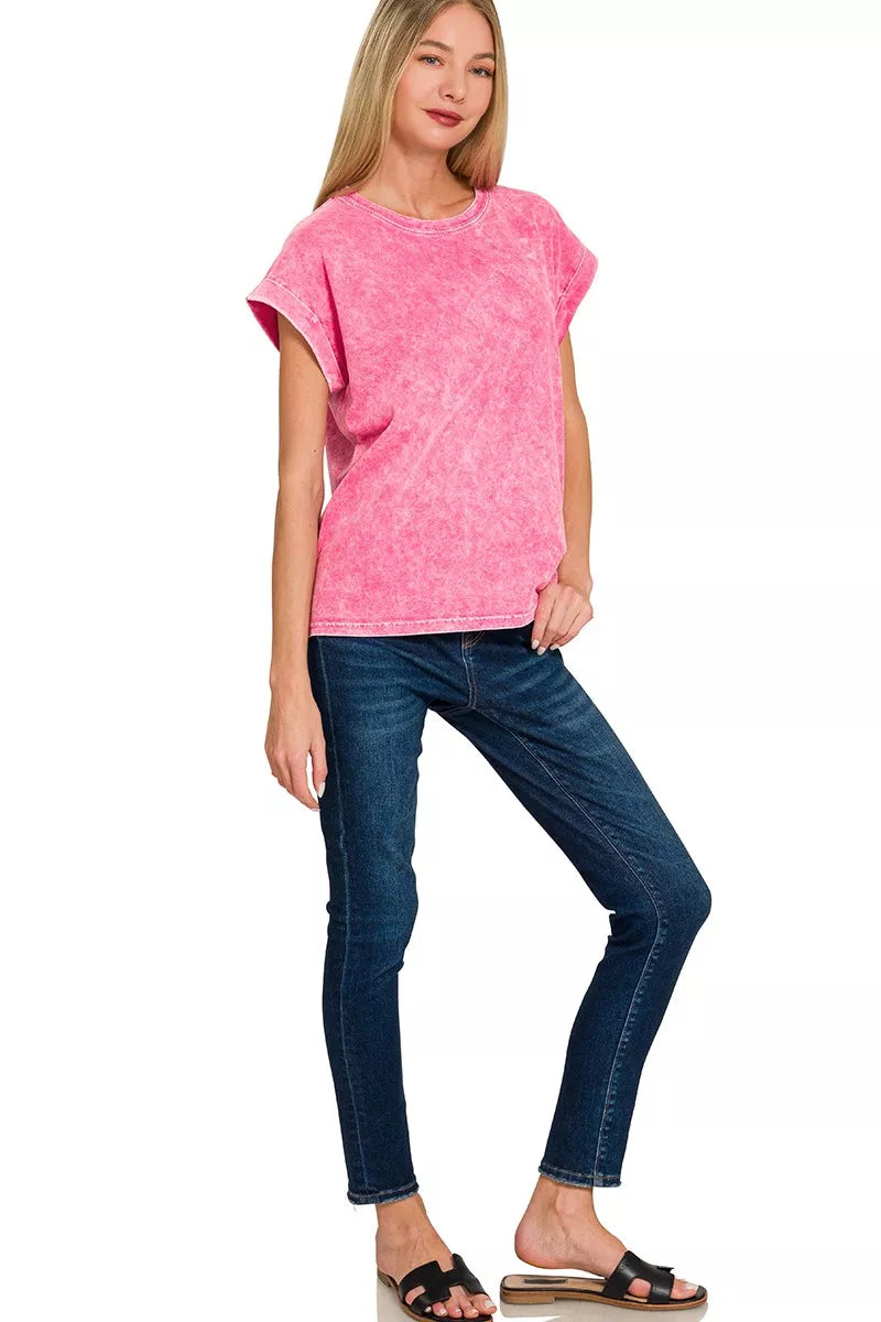 Zenana Hot Pink Halo Washed Cuffed Short Sleeve Tee