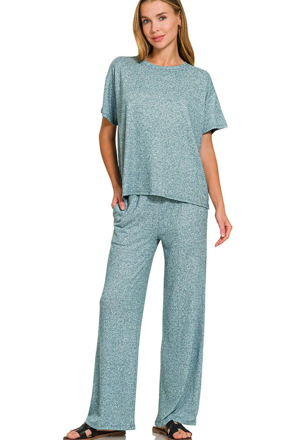 Zenana Teal Soft Melange Short Sleeve Tee & Long Pants Set TEAL