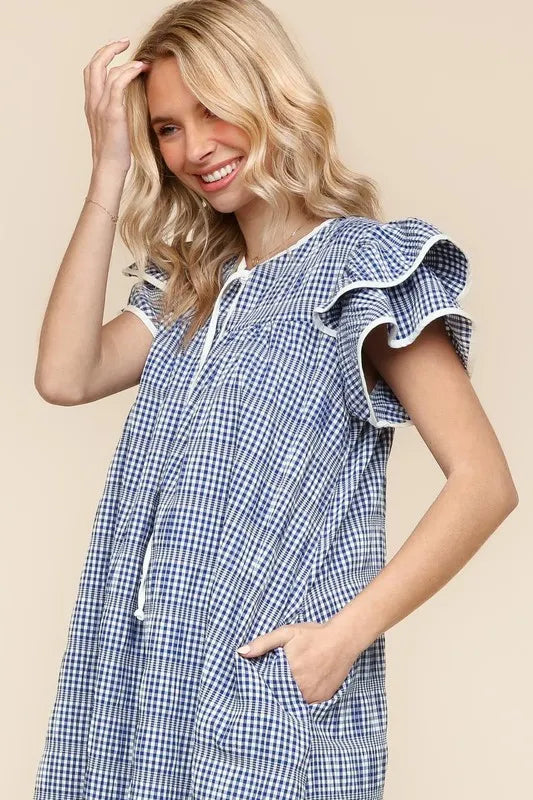 Haptics Navy Plaid Double Ruffle Sleeve Dress with Side Pockets
