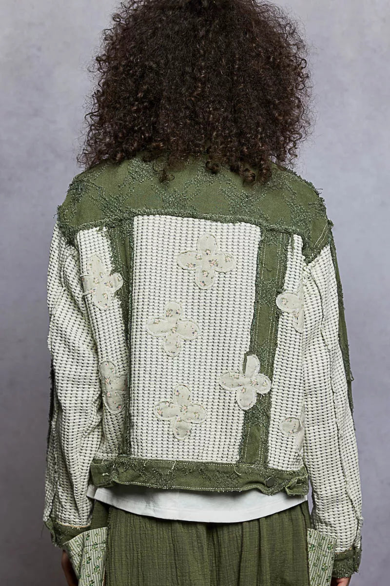 POL Olive Multi Button Down Raw Hem Jacket with Floral Patches