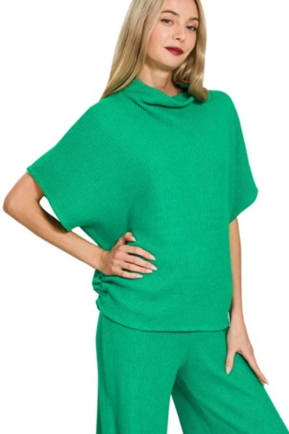 Zenana Kelly Green Sweater Mock Neck Top & Long Pants Set