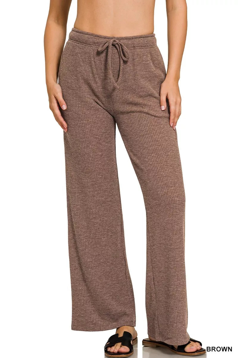 Zenana Brown Ribbed Drawstring Lounge Pants