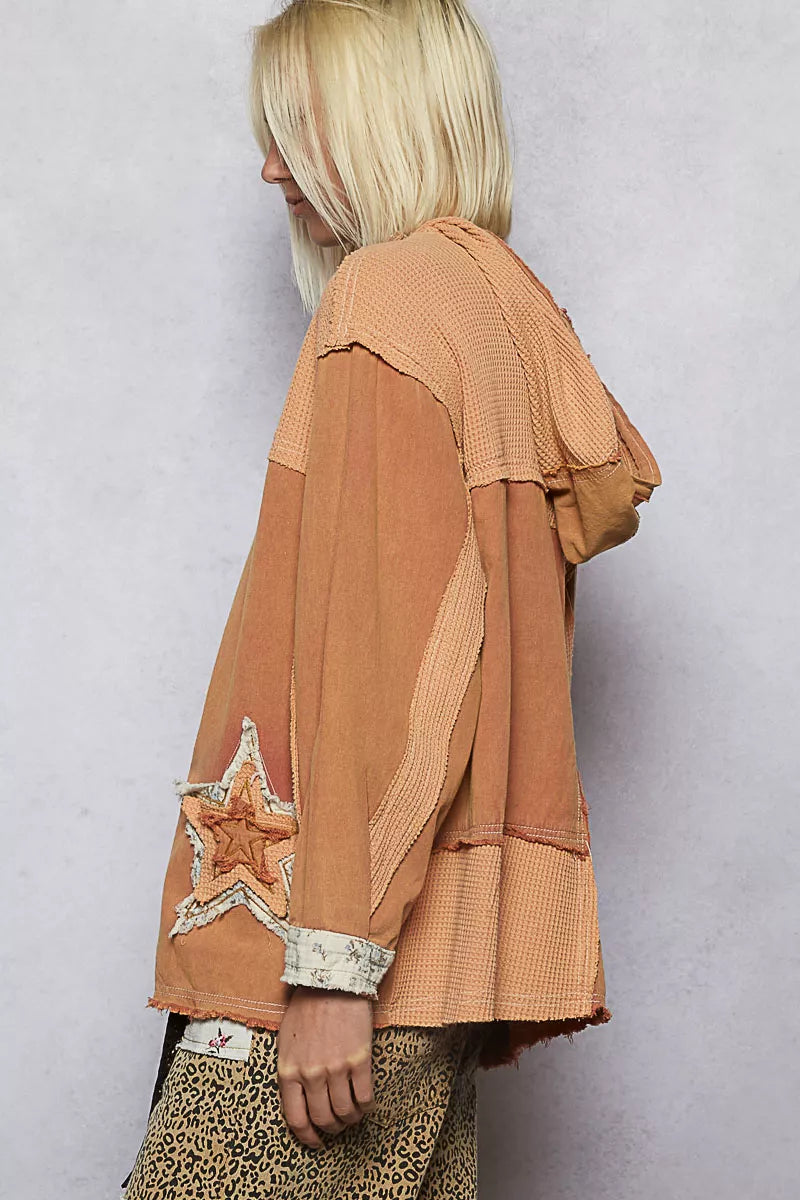 POL Burnt Sienna Button Down Hooded Jacket with with Star Patch Pattern