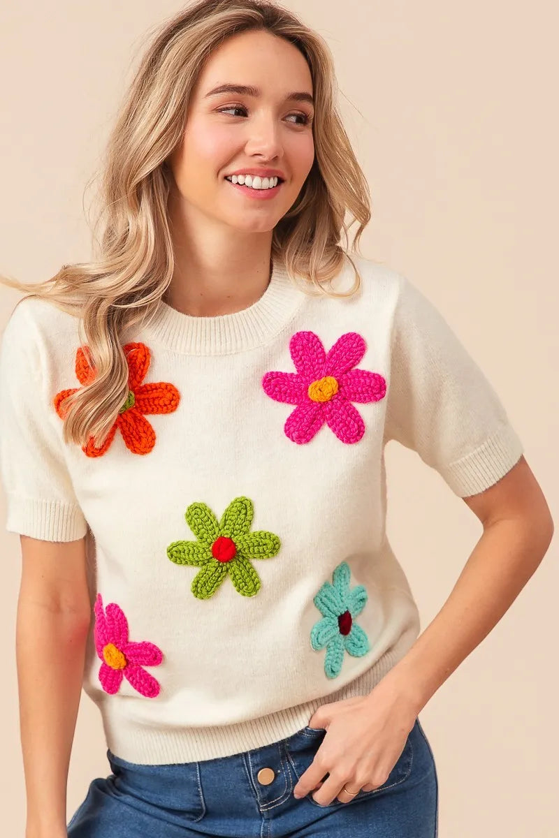 BiBi Ivory Crochet Flower Patch Sweater Top