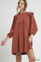 Umgee Red Clay Linen Ruffle Shoulder Pleated Babydoll Dress RED CLAY