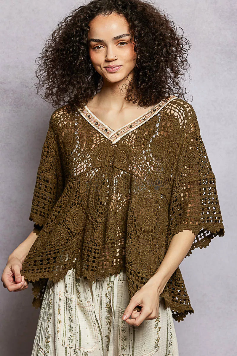 POL Olive V-Neck Crochet Top with Scalloped Hem