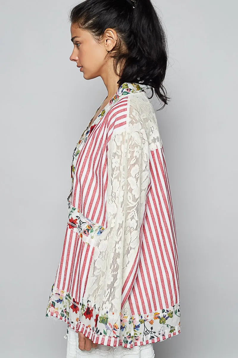 POL Red Multi Lace Long Sleeve Striped Cardigan with Contrast Floral Detail