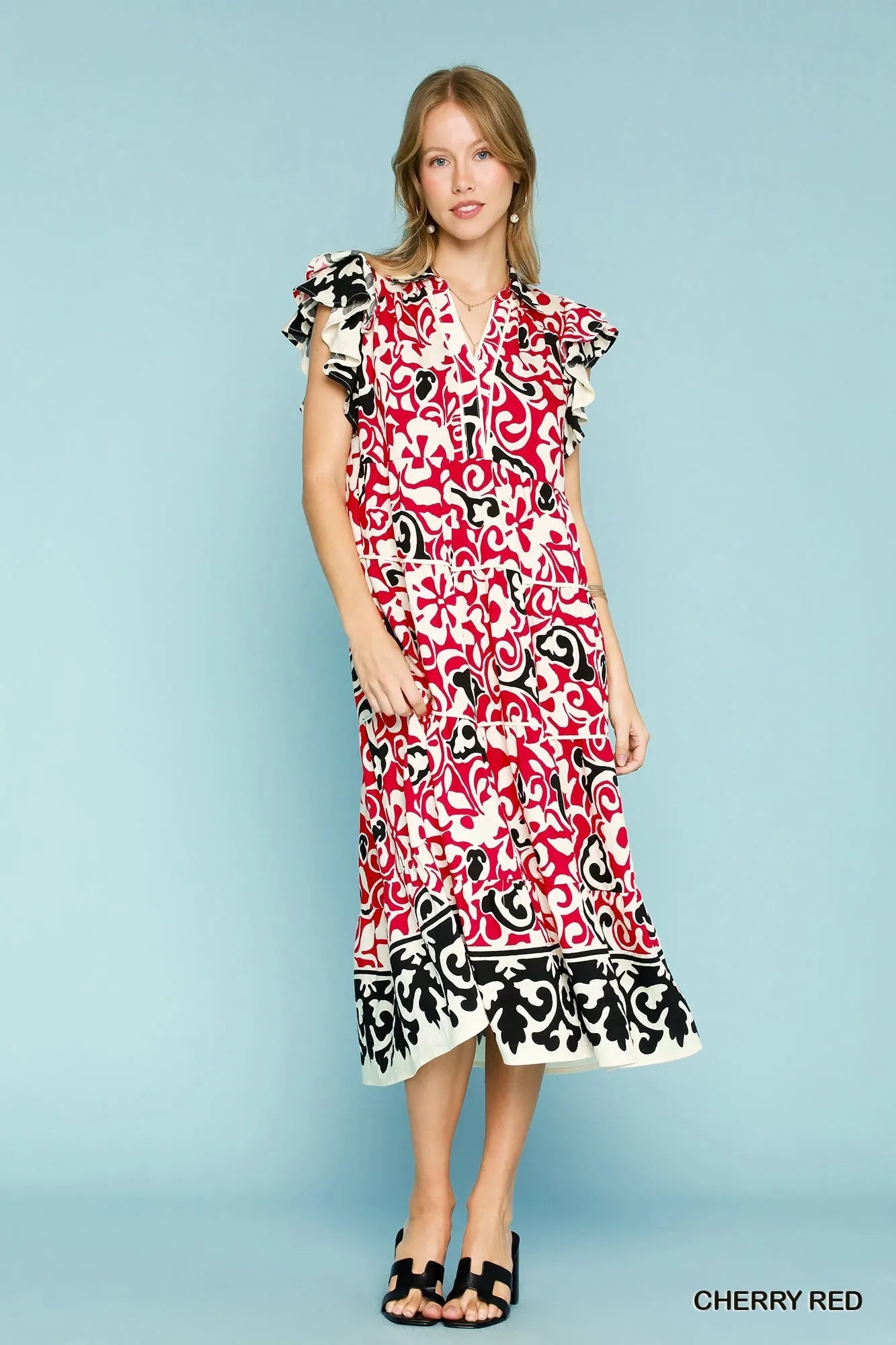 Umgee Cherry Red Printed Ruffled Cap Sleeve Midi Dress