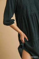 Umgee Hunter Tiered Corduroy Mini Dress with Balloon Sleeves