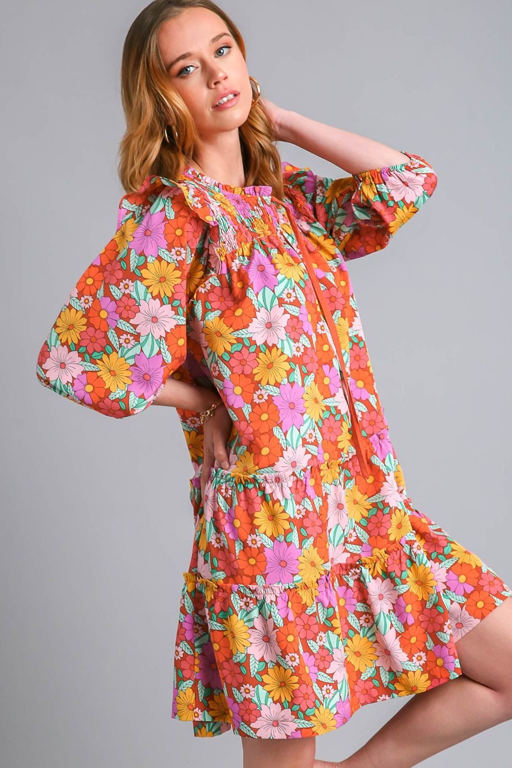 Umgee Ruffled Flower Print Tie Neck Tiered Dress