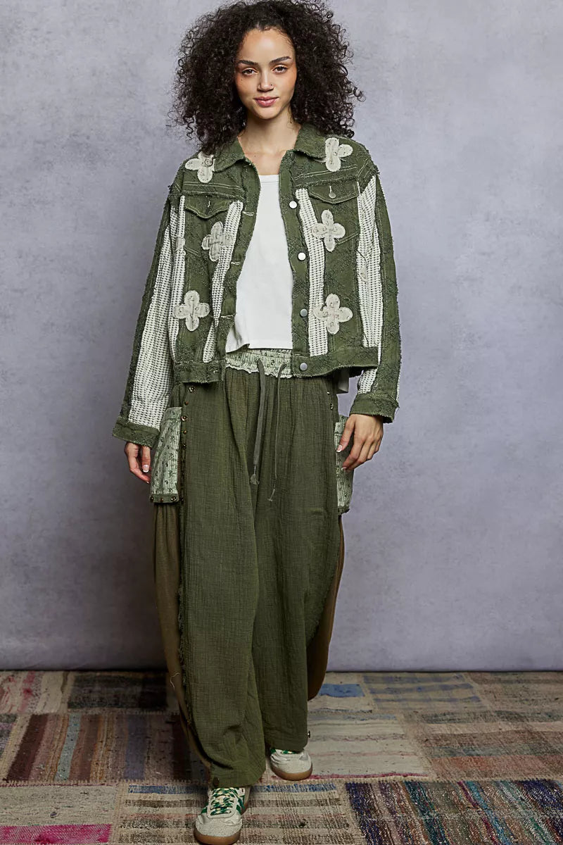 POL Olive Multi Button Down Raw Hem Jacket with Floral Patches