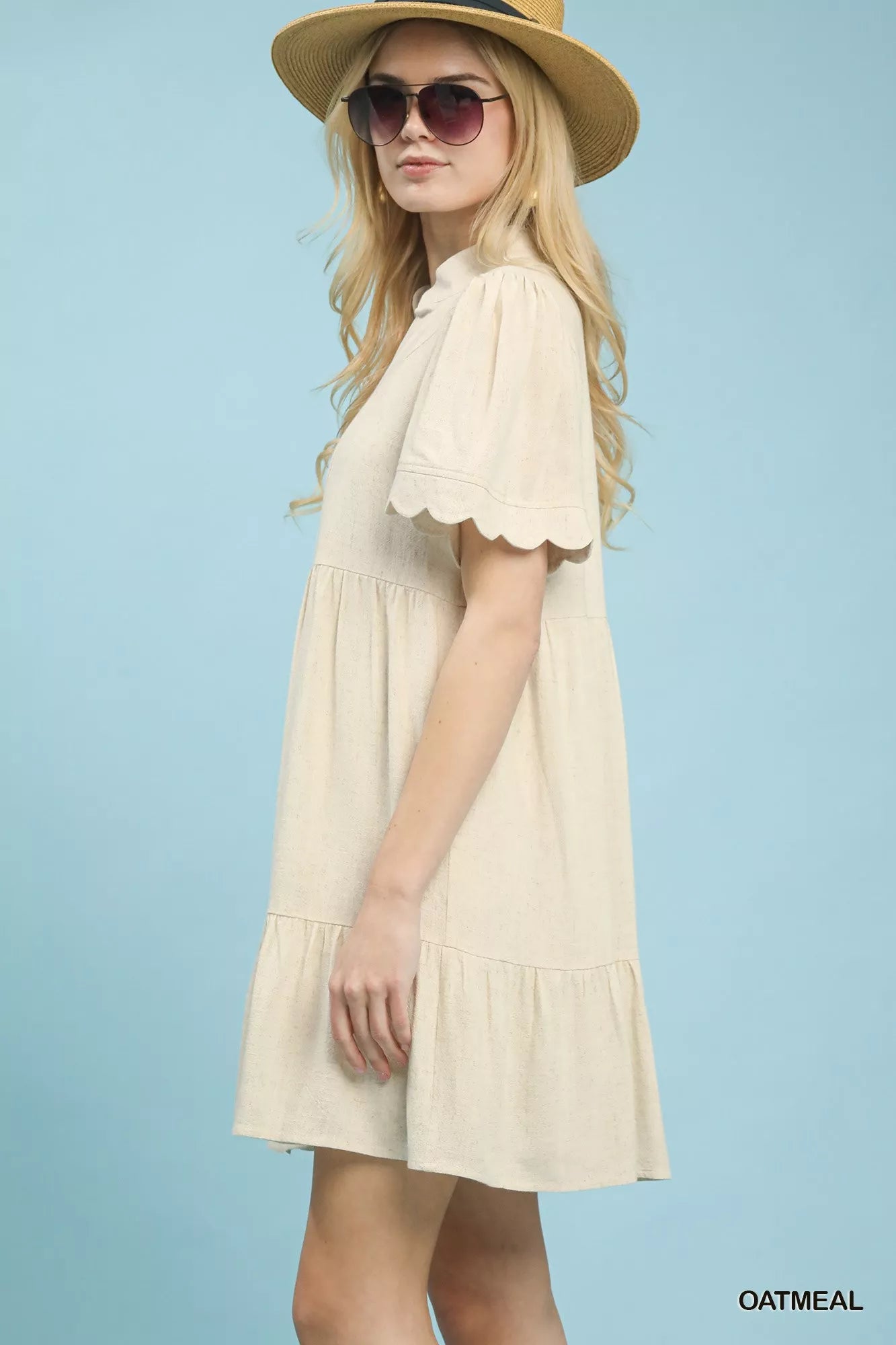 Umgee Oatmeal Linen Tiered Babydoll Dress with Scalloped Sleeves