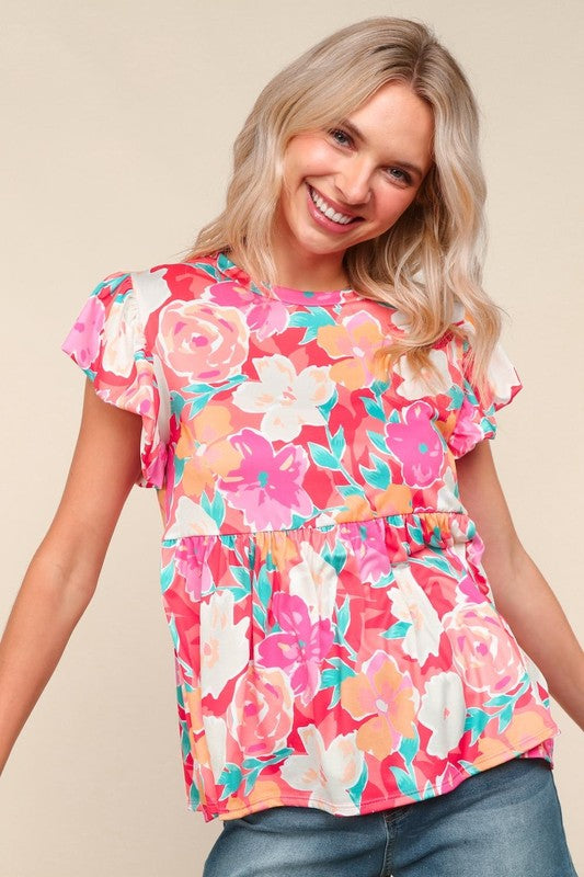 Haptics Coral Floral Print Folded Short Sleeve Babydoll Top
