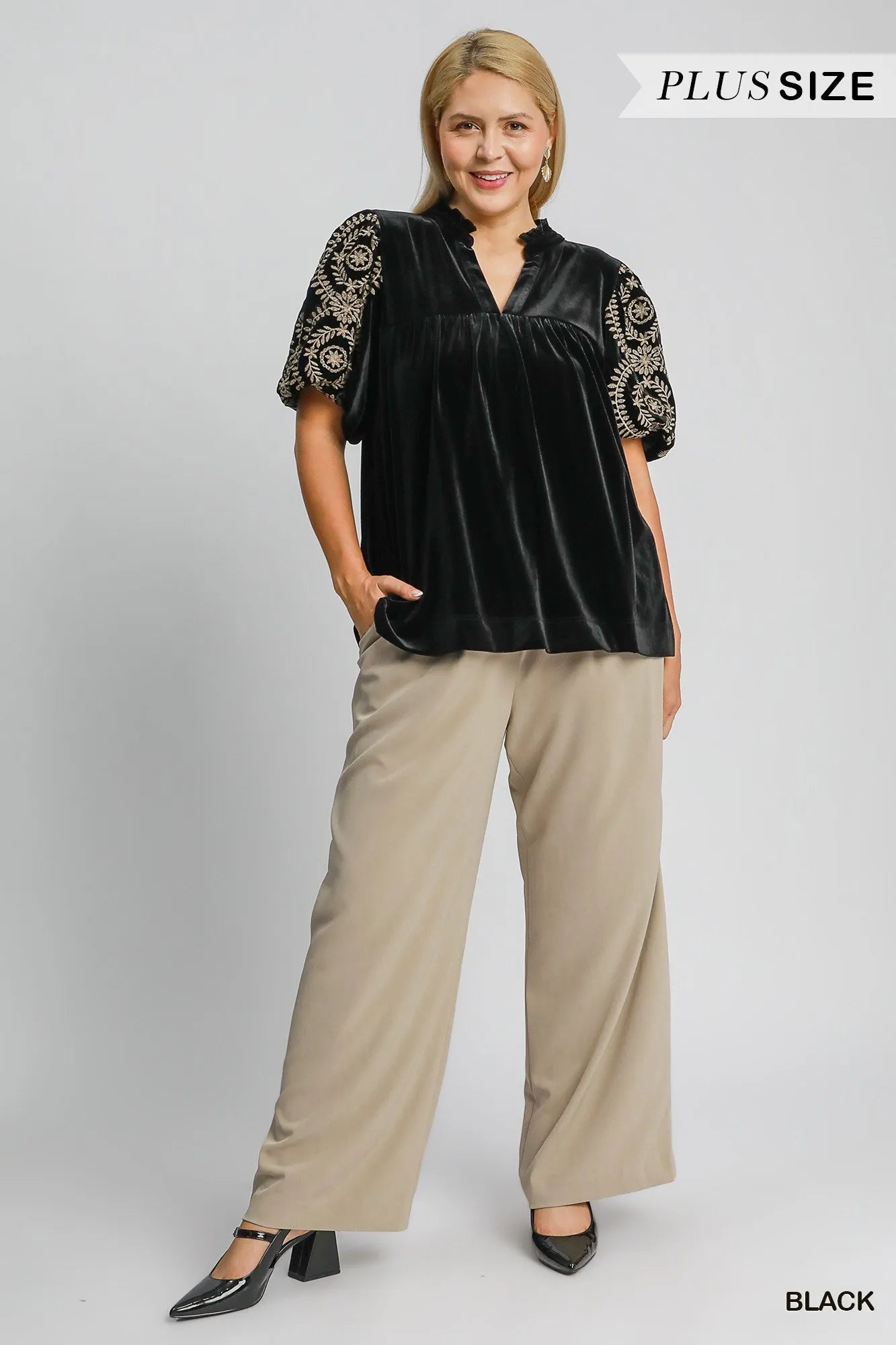 Umgee Black Velvet Embroidered Sleeve Blouse Plus Size