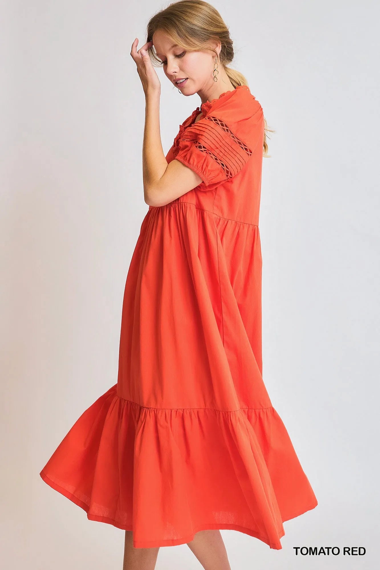 Umgee Tomato Red Short Sleeve Lace-Trim Ruffled Midi Dress