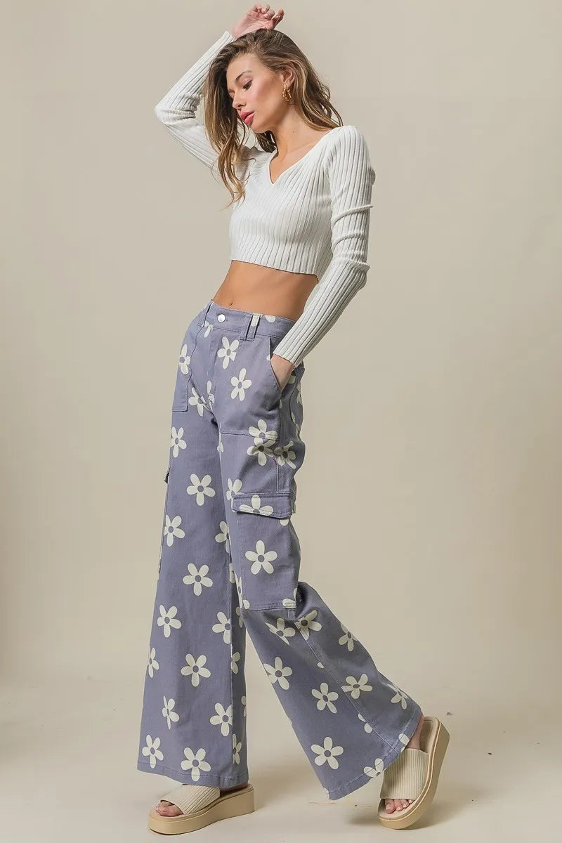 BiBi Dusty Lavender Flower Printed Side Pocket Wide Pants