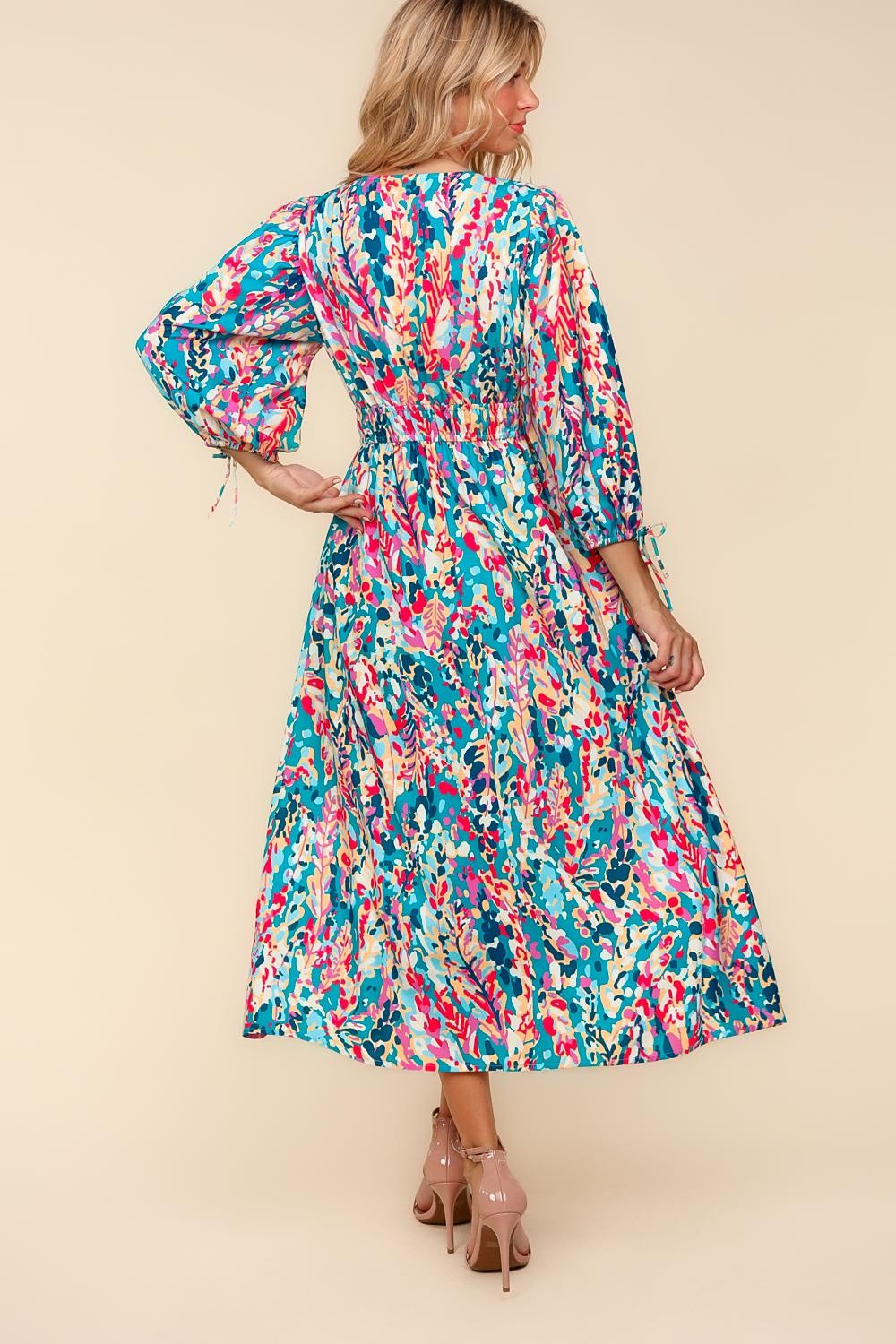 Haptics Turquoise Vintage Floral V-Neck Midi Dress with Side Pockets