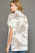 Umgee Two Tone Toile Print Button Up Short Sleeve Blouse