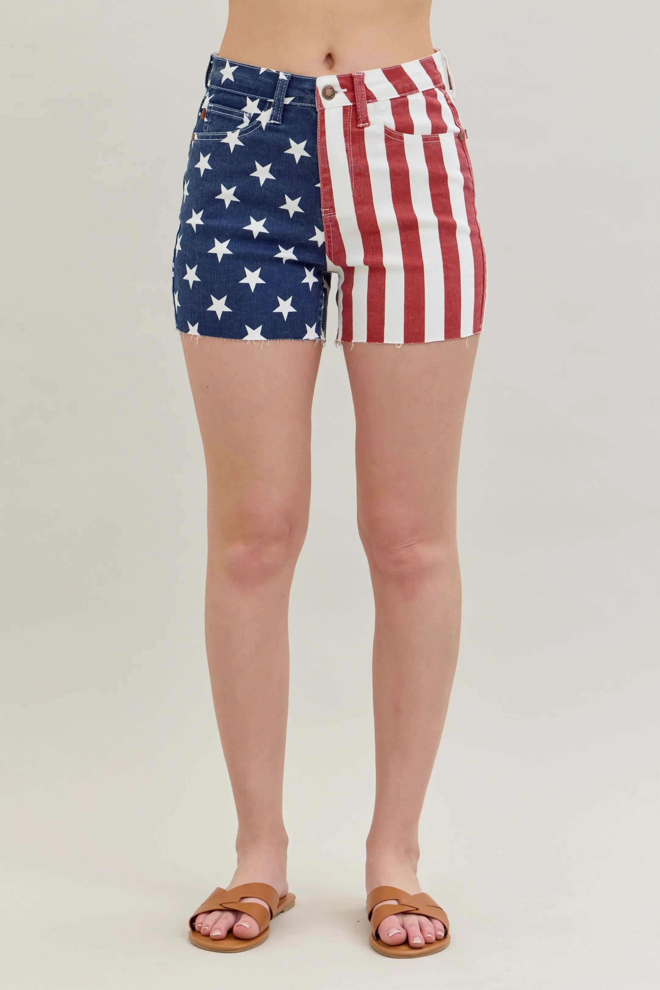 Judy Blue High Waist Americana Flag Fray Hem Shorts PRINT